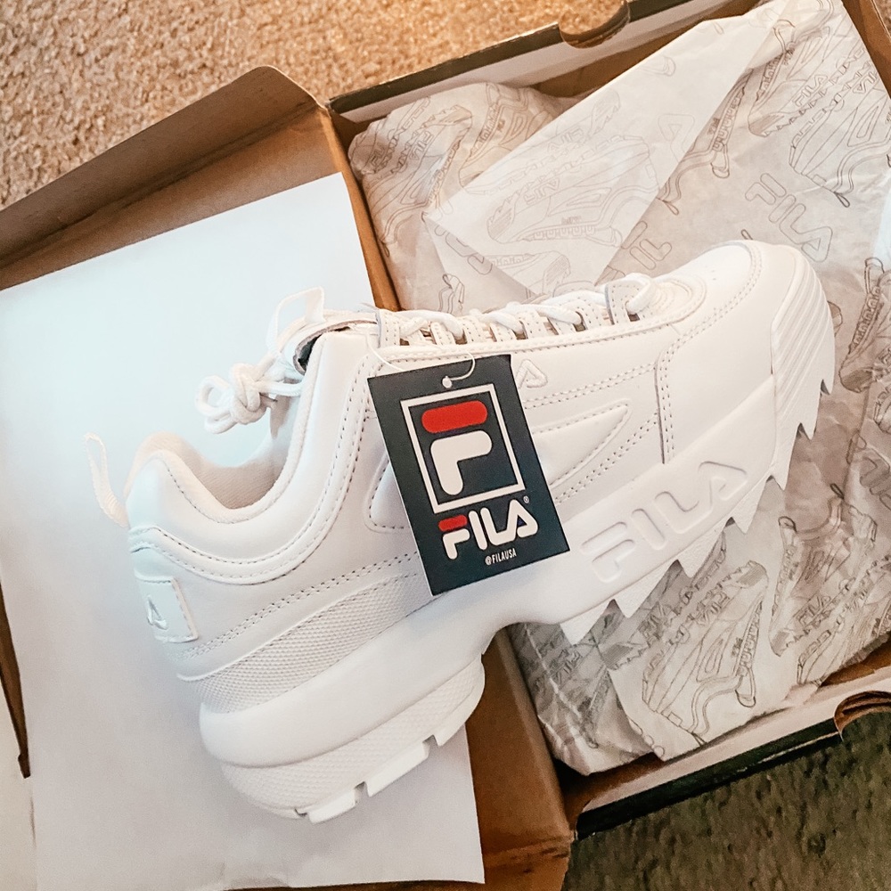 All White FILA Disruptors